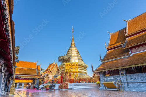 Wat Phra That Doi Suthep with clear blue sky and evening sunlight, the most famous temple in Chiang Mai, Thailand