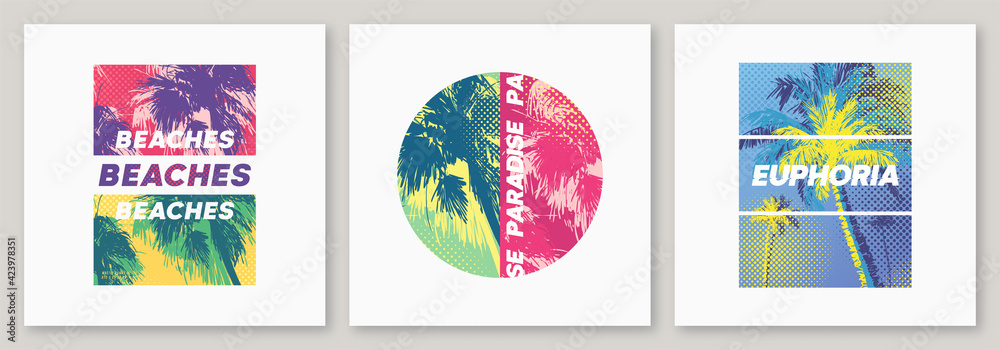 Summer graphic tee designs with palm trees, stylish prints, colorful vector illustrations