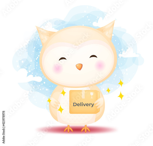 Cute happy doodle owl receive boxes. Delivery concept cartoon character Premium Vector