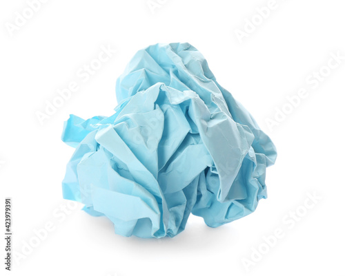 Crumpled sheet of light blue paper isolated on white