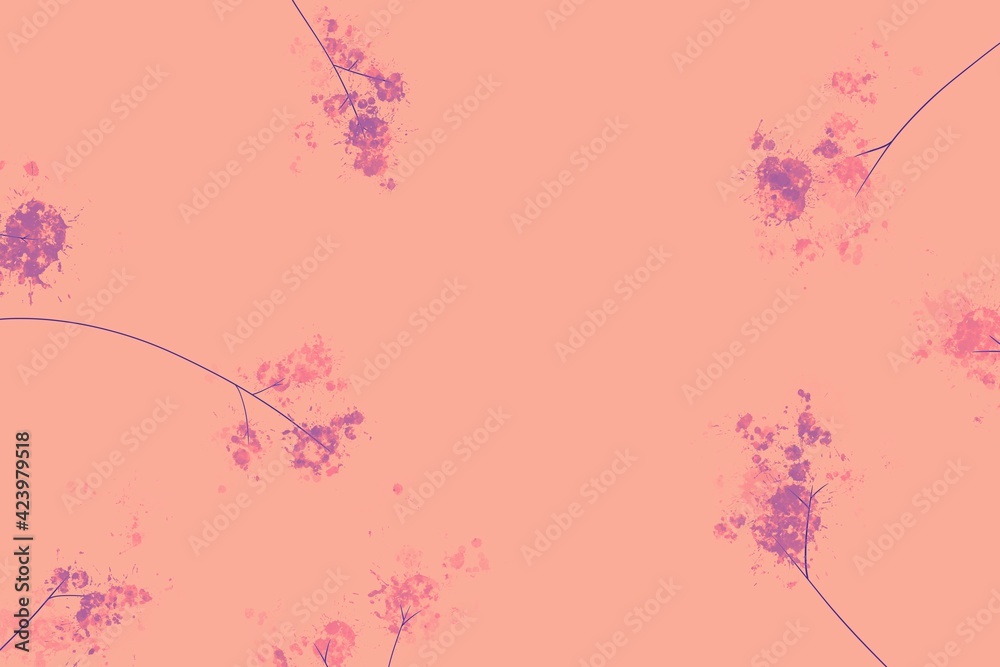 Obraz premium Trendy modern doodles background, advertising banner, book cover, brochure, poster, website. Minimalist texture with floral elements, flowering branches, blooming tree. Brand, layout, contact concept.