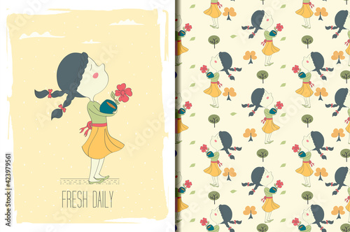 the girl holding a vase hand drawn
