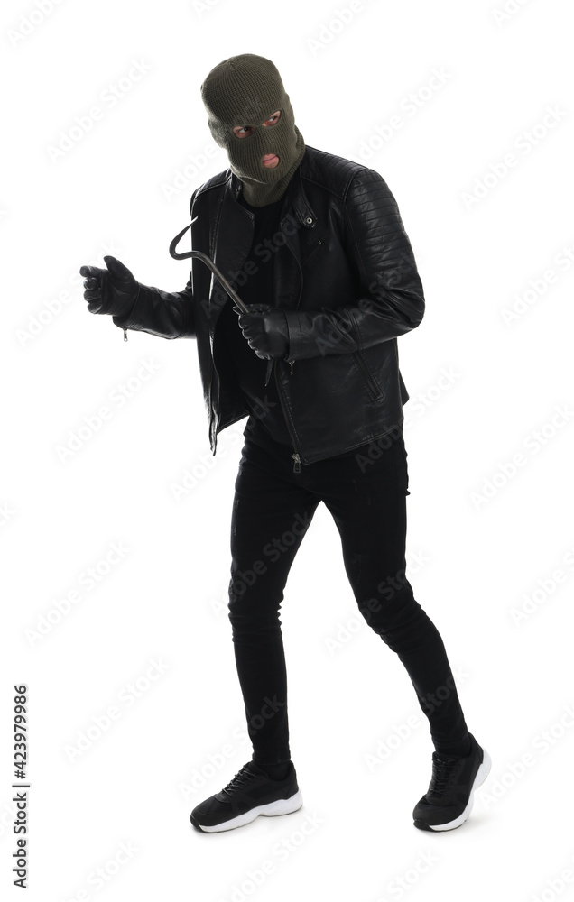 Man wearing knitted balaclava with crowbar on white background Man wearing knitted balaclava with crowbar on white background