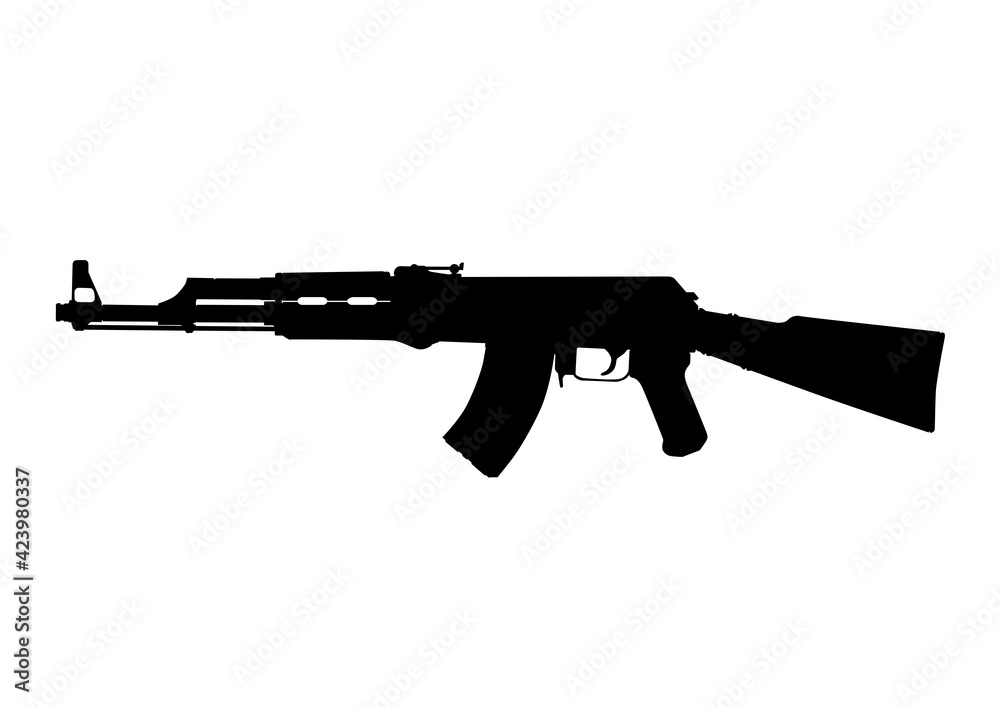 The silhouette of the AK-47 machine gun. Side view. Flat vector.