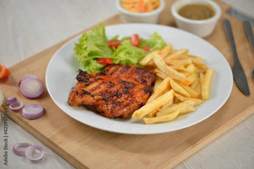 delicious plate of western food chicken chop with fries and salad delicious plate of western food chicken chop with fries and salad