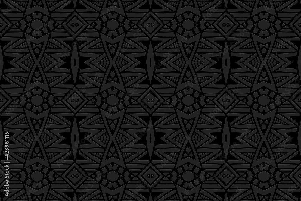 Geometric volumetric convex black background. Ethnic African, Mexican, Native American style. 3D texture from embossed colorful national ornament for wallpaper, presentations, stained glass, textiles.