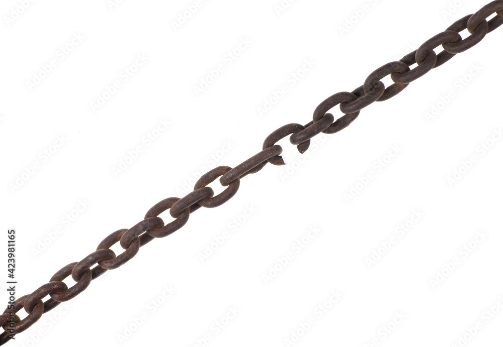broken iron chain isolated on white background