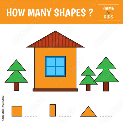 Educational game for kids. House of geometric shapes. Count triangle, square, rectangle. Preschool worksheet activity. Vector illustration