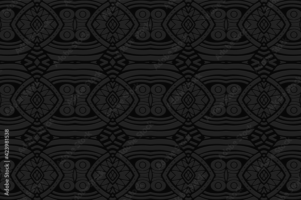Geometric volumetric convex black background. Ethnic African, Mexican, Native American style. 3d texture from a beautiful ornament for design decoration. Geometric volumetric convex black background. Ethnic African, Mexican, Native American style. 3d texture from a beautiful ornament for design decoration.