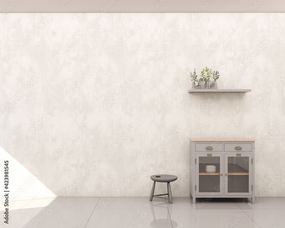 Living room with burnt cement wall, gray cabinet, shelf, plants and stool. 3d rendering Living room with burnt cement wall, gray cabinet, shelf, plants and stool. 3d rendering