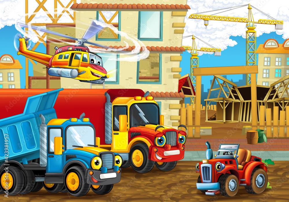 Naklejka premium cartoon scene construction site cars vehicles helicopter