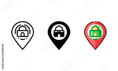 Mosque location icon. With outline, glyph, and filled outline styles