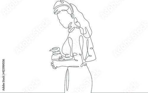 Fast food diner waitress with a decanter of hot coffee. Drinks and meals. Carbonated drinks and sandwiches.One continuous drawing line  logo single hand drawn art doodle isolated minimal illustration.