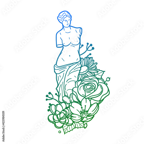 Venus Milo Rose Flower with Vintage Sculpture Design. Ancient Greek Floral frame ornament vector style. Decoration Design Wreat illustration.
