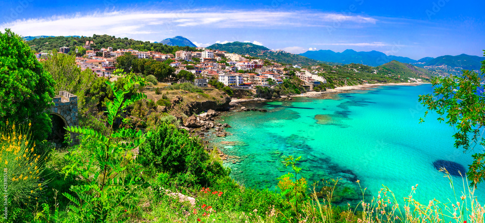 Italian summmer holidays. beautiful seaside hiltown Palinuro with amazing beaches in Campania region.  Best sea resorts of Italy