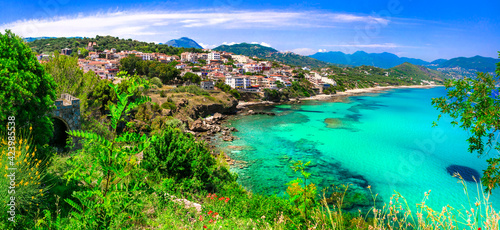 Italian summmer holidays. beautiful seaside hiltown Palinuro with amazing beaches in Campania region. Best sea resorts of Italy