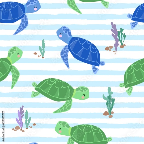 Sea turtle seamless pattern vector print design for textiles, paper, postcards, childrens fashion fabric
