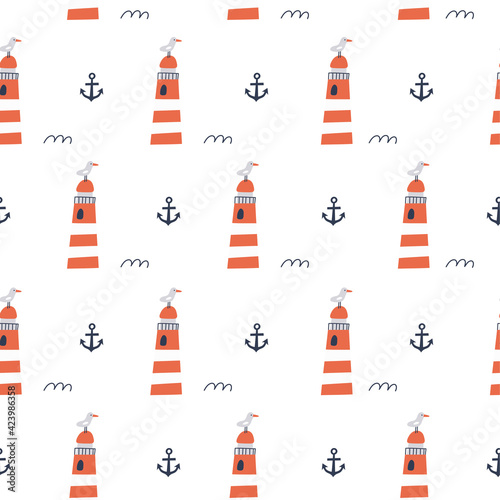 Seamless pattern with lighthouse on a white background. Vector