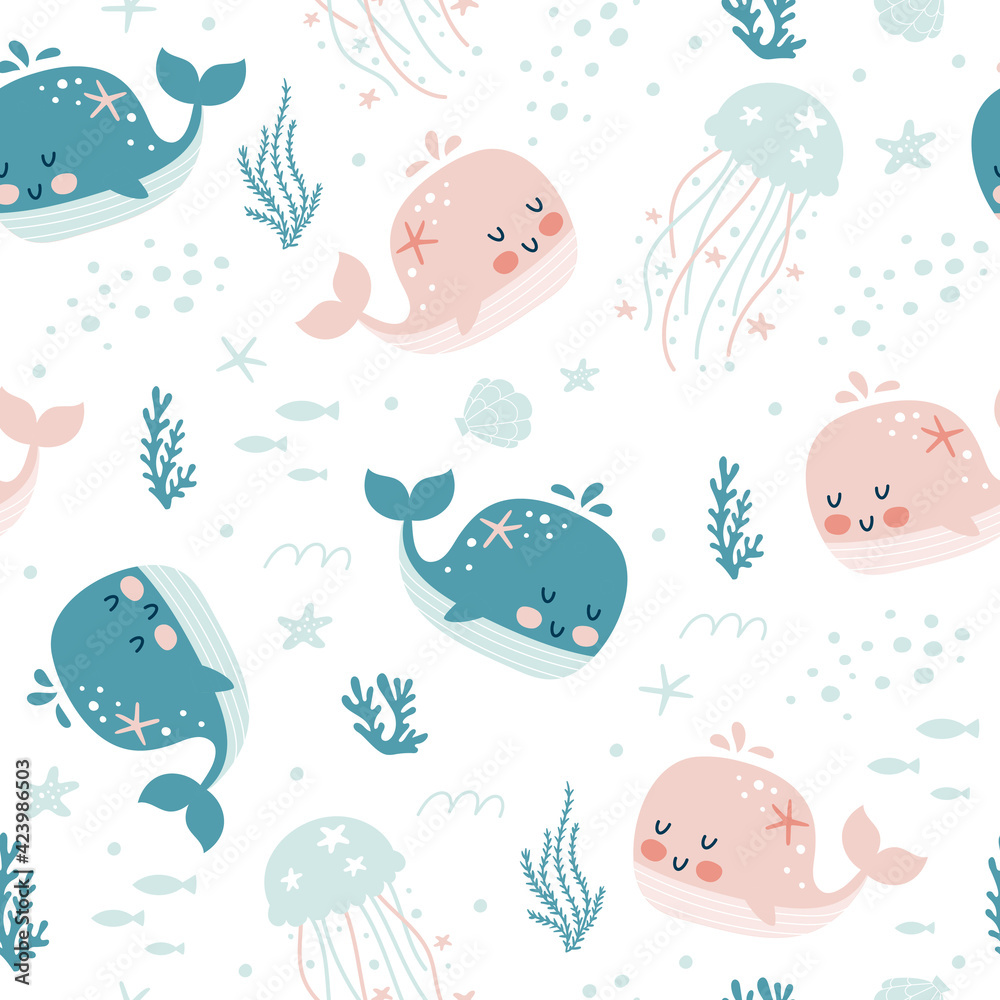 Seamless pattern with cute whale. Childish print. Vector Seamless pattern with cute whale. Childish print. Vector