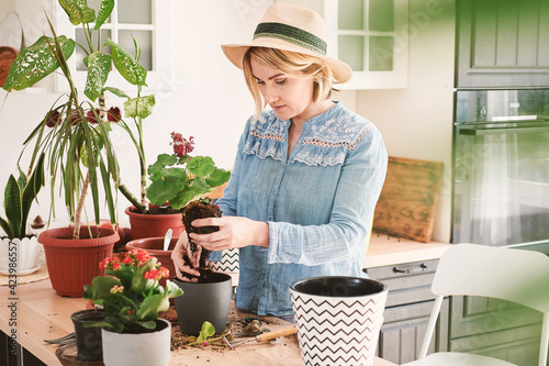 young woman in a straw hat growing and planting home flowers
