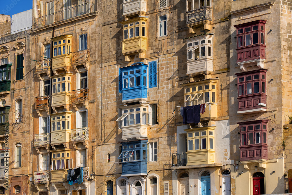 Traditional Maltese Houses With Balconies In Valletta, Malta