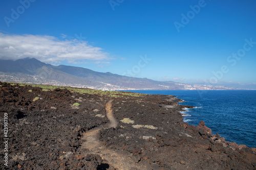 Narrow footpath through the arid badlands of lava and volcanic rocks known as Malpais de Guimar, connecting the two coastal towns Puertito de Guimar and El Socorro in Tenerife, Canary Islands, Spain