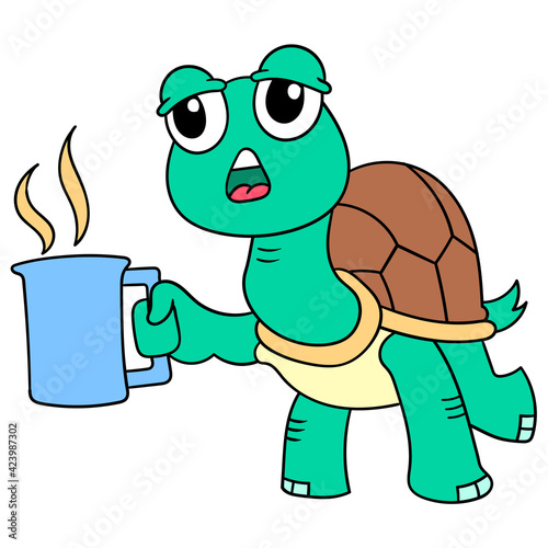 turtle is tired of enjoying breaktime with a glass of hot drink. doodle icon image kawaii