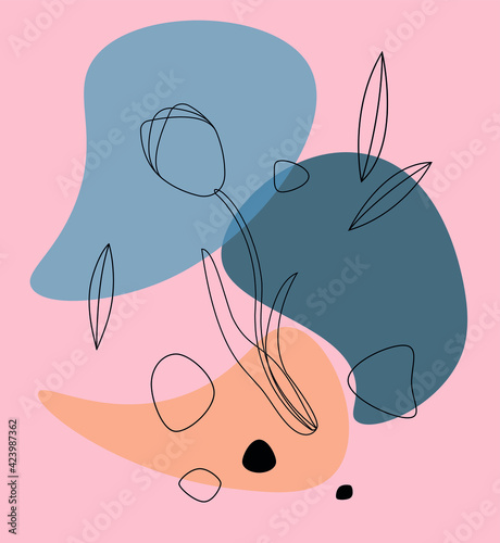 Abstract vector background. Line art with a tulip, leaves and stones on pink backdrop with orange and blue splashes.