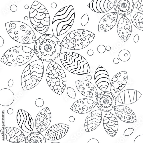 Abstract vector background. Transparent ornamental flowers with circles, waves and lines.