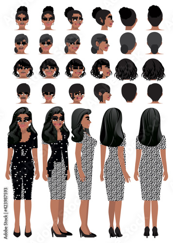 African American business woman cartoon character in leopard print dress and different hairstyle for animation design vector collection