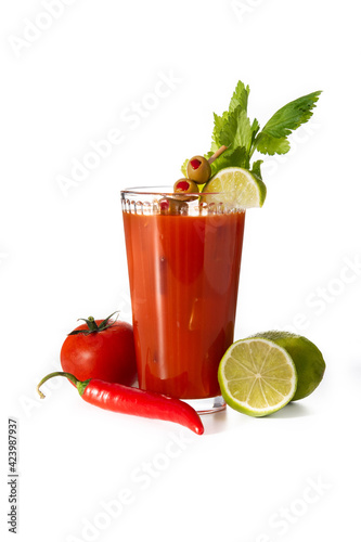 Bloody Mary cocktail in glass and ingredients isolated on white background