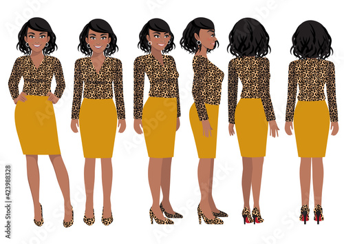 Cartoon character with business woman in leopard print shirt for animation. Front, side, back, 3-4 view character. Flat vector illustration
