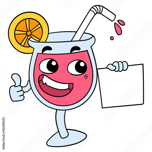 cartoon glass of drink carrying a blank paper template. doodle icon image kawaii