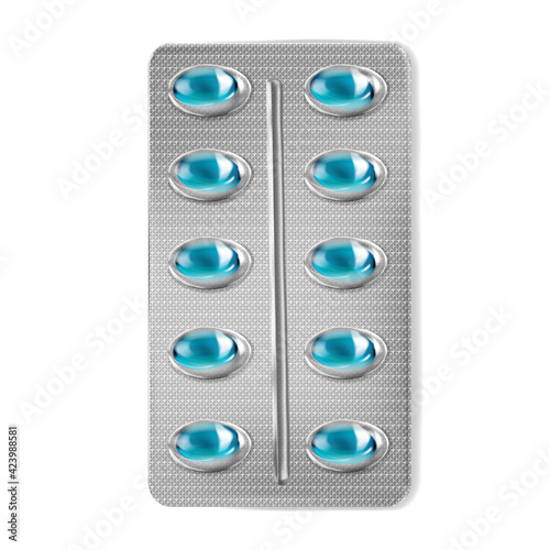 Pills blister pack 3d realistic vector illustration. Blue capsule painkillers tablets mockup  isolated on background