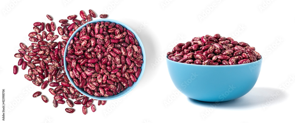 Red kidney beans in blue bowl isolated on white background Healthy eating, vegetable protein concept Flat lay Top view Red kidney beans in blue bowl isolated on white background Healthy eating, vegetable protein concept Flat lay Top view