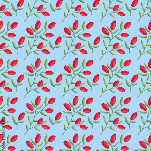 Red Rosehips with flowers and berries seamless pattern for tea. Black and white Graphic drawing, engraving style. hand drawn illustration on blue background