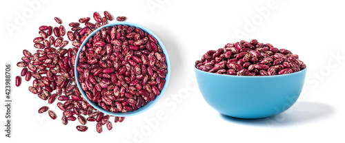 Red kidney beans in blue bowl isolated on white background Healthy eating, vegetable protein concept Flat lay Top view