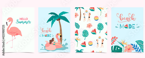 Collection of summer background set with people watermelon beach coconut tree.Editable vector illustration for invitation postcard and website banner.Hello summer