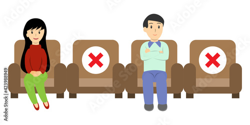Woman and man sitting in Public Chairs keeping the social distancing cartoon vector