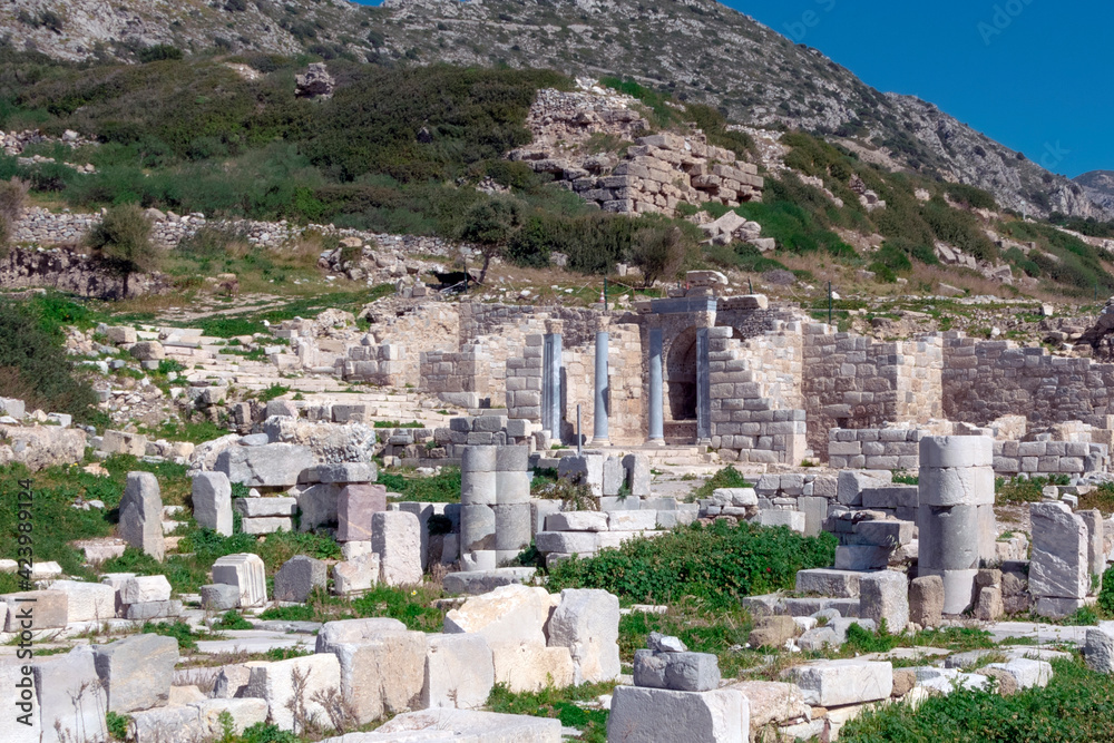 Ancient city ruins of Knidos in Datca peninsula, historical antique excavations, Hellenic stone architecture details