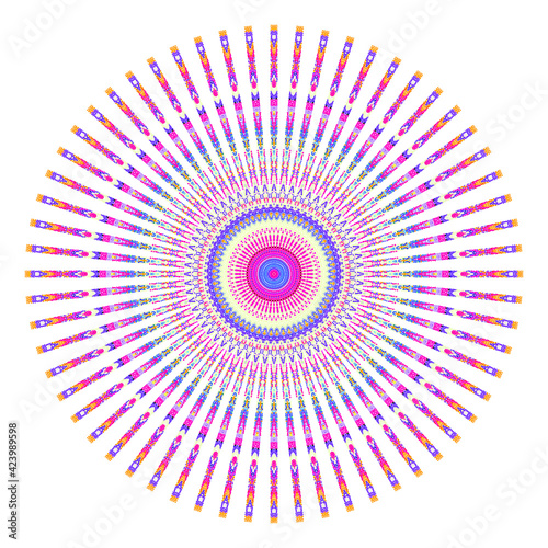 Creative multicolored points round symbol. Abstract symmetrical logo. Mosaic colorful beautiful beads. Circle dots modern pixel floral art icon. Colored pattern ornament wheel decorative illustration.
