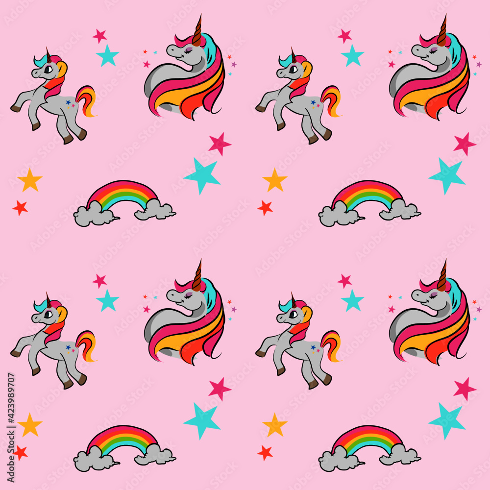 Obraz premium Pattern Cute Beautiful Unicorn with Stars and Rainbow illustration Vector Isolated 