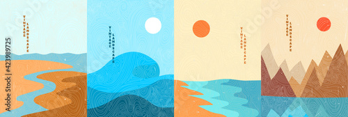 Vector illustration landscape. Japanese linear wave pattern. Mountain background. Asian style. Design for poster, cover, room interior, postcard. Scratched old paper effect. Line art. Seascape, beach