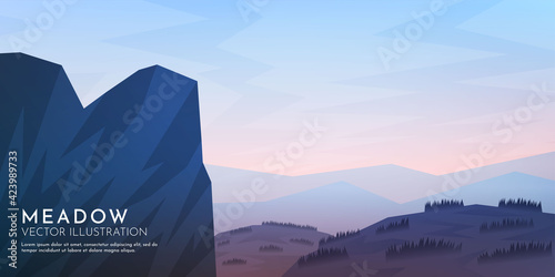 Fototapeta Naklejka Na Ścianę i Meble -  Peaceful landscape. Vector illustration. Wallpaper. Natural concept. Silhouettes of the mountain. Slopes, relief, meadow with trees. Panoramic image. Misty forest and hills. Bright gradient