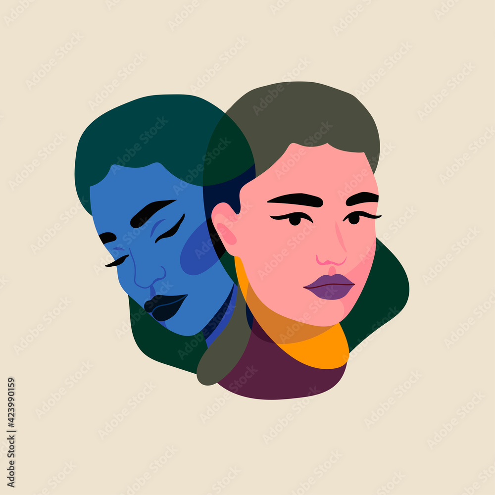 Two faces of one person. Woman with two different personalities. Two-faced lady. Split Personality, bipolar disorder, Mood, emotions, mind Mental, psycho therapy concept. Abstract Vector illustration Two faces of one person. Woman with two different personalities. Two-faced lady. Split Personality, bipolar disorder, Mood, emotions, mind Mental, psycho therapy concept. Abstract Vector illustration