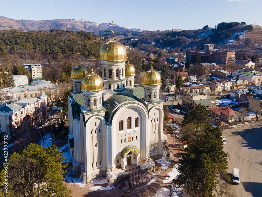 Obraz premium Aerial view of Kislovodsk and temple of Saint-Nikolas, heath and ecological resotrt in Russia near Caucasus mountain