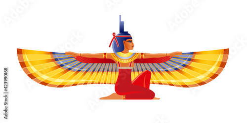 Isis, Egyptian winged goddess. Vector woman, pharaoh tomb mural element. Ancient Egypt mythology icon. Old vintage woman Isis, Osiris wife art, antique vector illustration isolated on white background