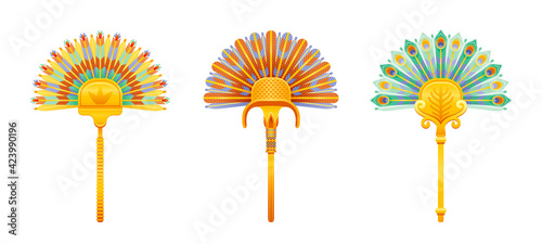 Egyptian fan illustration. Pharaoh feather fan. Ancient art vector icon. Goddess Isis or queen Cleopatra artifact. Sun and lotus, feather historical design. Old 3d antique egypt icon set