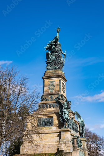 View towards the Niederwald monument  the Germania  above R  desheim am Rhein   Germany 