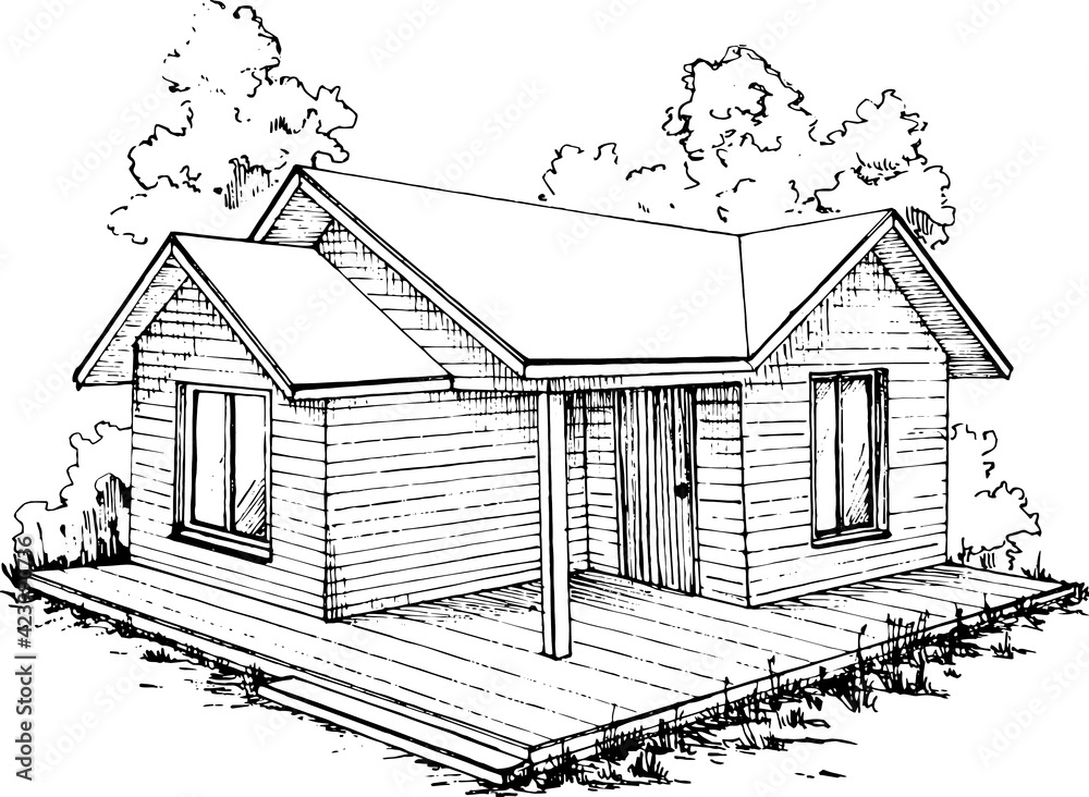 cabin in the woods monochromatic sketchy image on white background. perspective illustration of a wooden hut with a terrace in front and trees 